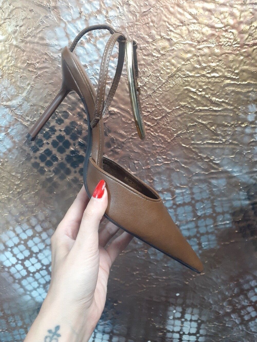 Zara Nwt Latte Brown Pointed-Toe Stiletto Slingback Heels In Faux Leather - Picture 4 of 16